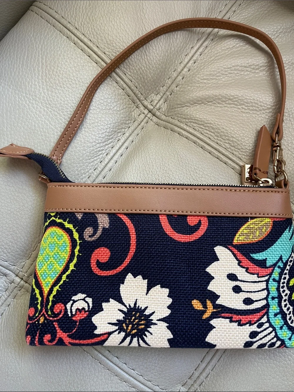 Spartina 449 Navy Floral Mini Purse with Tan Trim, Linen and Leather.